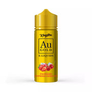 A bottle of Kingston AU Gold e-liquid with a yellow cap, labeled Strawberry Raspberry Cherry Ice, with an illustration of strawberries and raspberries.